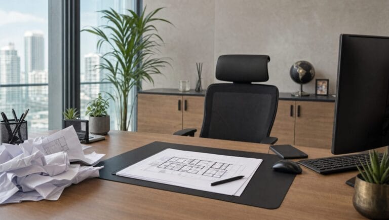 מרדכי ניסנוב, מתווך RE/MAX, יושב ליד שולחן משרדי עם מחשב וצמח ירוק