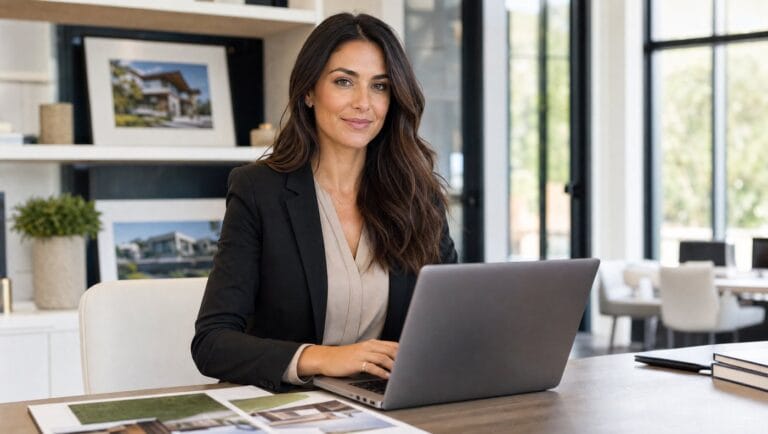 מרדכי ניסנוב, מתווך RE/MAX, יושב ליד שולחן משרדי עם מחשב נייד וחיוך