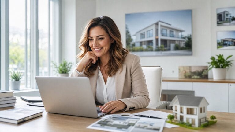 מרדכי ניסנוב מ-RE/MAX מחייך ומקליד במחשב נייד במשרד מודרני בפתח תקווה