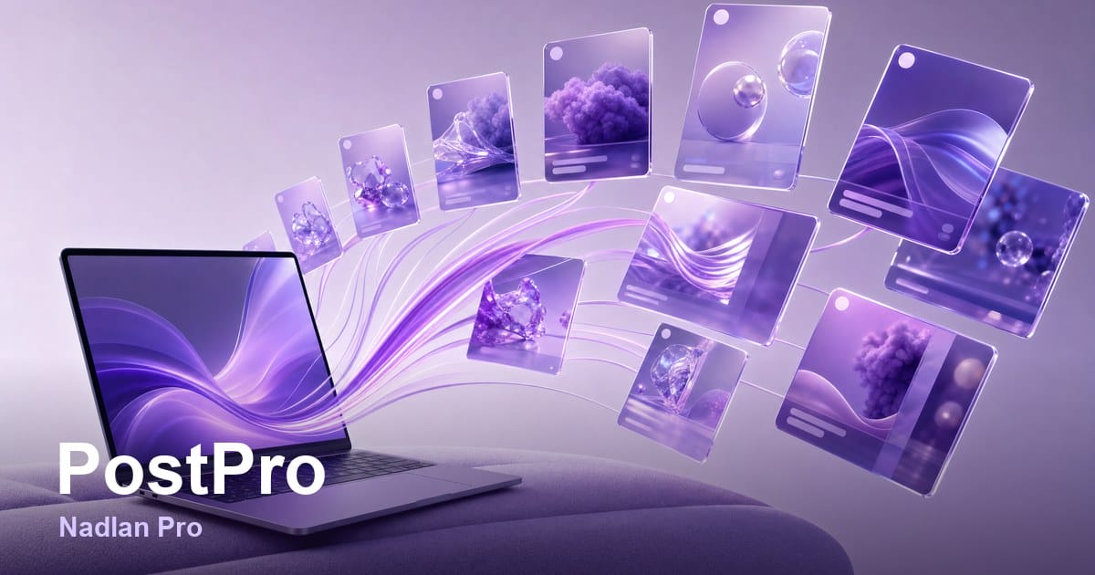 מחשב נייד מציג לוגו "PostPro Nadlan Pro" בצבעי סגול-כחול, פלטפורמה לנדל"ן בפתח תקווה