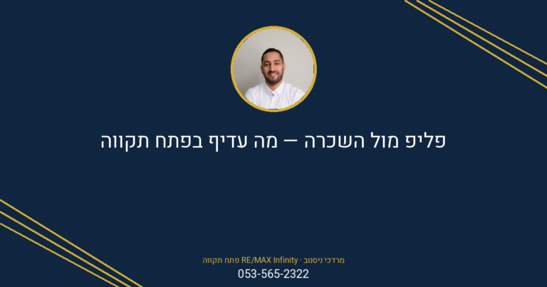אינפוגרפיקה צבעונית משמחת המשווה בין השקעת פליפ להשכרה בפתח תקווה, עם פרטי מרדכי ניסנוב