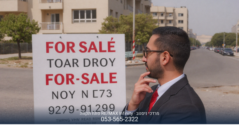 מודעה של מרדכי ניסנוב מ-RE/MAX Infinity פתח תקווה עם הכיתוב "FOR SALE" ופרטי קשר