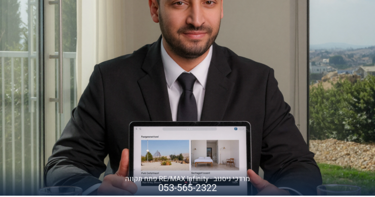 מרדכי ניסנוב, מתווך RE/MAX בפתח תקווה, מציג נתונים על טאבלט ללקוח